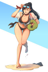  ;d bag barefoot bikini black_bikini black_hair breasts character_doll cleavage collarbone commentary earrings elezen elf eyewear_on_head facing_viewer female final_fantasy final_fantasy_xiv hair_between_eyes highres hilda_ware hyur jewelry koyorin large_breasts long_hair looking_away m&#039;naago nail_polish navel one_eye_closed open_mouth photoshop_(medium) pointy_ears ponytail red_eyes revision running sand shirt smile solo standing standing_on_one_leg sunglasses swimsuit tied_shirt toenail_polish toenails 