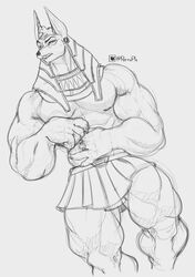  anthro anubian_jackal anubis biceps canid canine canis deity egyptian_mythology faulds hi_res jackal jewelry male mammal middle_eastern_mythology monochrome muscular mythology nipples pecs perenthis solo 