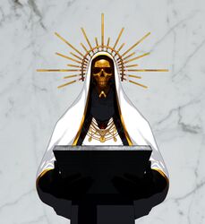  1boy absurdres bad_id bad_pixiv_id black_gloves commentary_request cross dgk gloves gold highres holding jewelry korean_commentary male_focus marble_(stone) marble_background mask necklace original priest skull_mask solo stone_tablet 