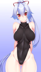  absurdres arms_behind_back ass_visible_through_thighs bare_shoulders black_leotard blush breasts closed_mouth collarbone covered_navel fate/grand_order fate_(series) female gradient_background grey_hair hair_between_eyes highleg highleg_leotard highres large_breasts leotard long_hair looking_at_viewer ponytail red_eyes ribbed_leotard smile solo thighs tomoe_gozen_(fate) very_long_hair watosu 