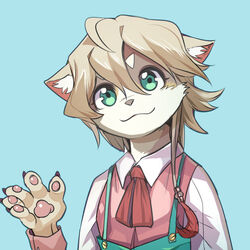  5_fingers anthro apron bust_portrait clothing domestic_cat felid feline felis female fingers fur gesture green_eyes kemono magiace mammal necktie pawpads portrait siamese siamu_(magiace) solo tan_body tan_fur waving 