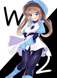  bad_id bad_twitter_id belt black_belt black_pantyhose blue_eyes blue_footwear blue_gloves blue_hat blush boots brown_hair commentary crying double_bun female gloves hair_between_eyes hair_bun hand_up hat highres logo long_hair looking_down nasakixoc pantyhose pokemon pokemon_adventures raised_eyebrows rosa_(pokemon) shiny_clothes solo team_plasma_uniform tears wavy_mouth 