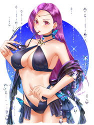  absurdres alternate_costume bare_shoulders bikini blue_bikini blue_butterfly blue_sky breasts brunnya_(fire_emblem) bug butterfly choker circlet cleavage commentary earrings female fire_emblem fire_emblem:_the_binding_blade highres holding holding_removed_eyewear jewelry large_breasts lipstick long_hair makeup mature_female navel open_mouth purple_eyes purple_hair shawl sky solo sunglasses swimsuit thighs tsukimura_(d24f4z8j3t) unworn_eyewear water_drop 