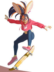  3:4 absurd_res acerola_(kemari) anthro clothing ear_piercing female fingerless_(marking) fur hair hi_res hoodie kemari lagomorph leporid long_hair mammal midair midriff multicolored_hair piercing ponytail rabbit simple_background skateboard skateboarding smile solo tan_body tan_fur topwear two_tone_hair vehicle white_background 