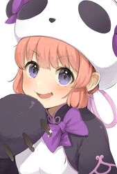  :d animal_costume animal_hands bad_id bad_twitter_id blush bow female fuurai_no_shiren gloves hand_up hat highres inactive_account looking_at_viewer nishiuri oerba_yun_fang open_mouth panda_costume paw_gloves pink_hair purple_bow purple_eyes simple_background smile solo tao_(fuurai_no_shiren) white_background 