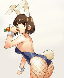  animal_ears ass blue_leotard breasts brown_eyes brown_hair bunny_ears bunny_tail commentary cowboy_shot eating english_commentary female fishnet_legwear fishnets food from_behind grey_background holding holding_food holding_vegetable leotard looking_at_viewer medium_breasts medium_hair original pantyhose playboy_bunny rabbit_girl simple_background solo tail vegetable vins-mousseux wrist_cuffs 