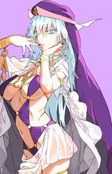  absurdres aradia_(toaru) armlet bikini blue_eyes blue_hair breasts capelet expressionless female from_side gold_bracelet haimura_kiyotaka half-closed_eyes hands_up highres large_breasts light_blue_hair lips long_hair looking_at_viewer navel official_art purple_background purple_bikini purple_headwear purple_nails revealing_clothes see-through see-through_capelet see-through_skirt sideboob skirt solo standing stomach swimsuit thighlet toaru_majutsu_no_index toaru_majutsu_no_index:_genesis_testament underboob upper_body very_long_hair witch 