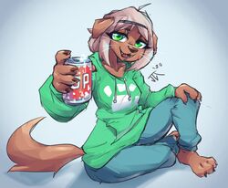  2020 3_toes anthro barefoot beverage beverage_can brown_body brown_fur canid canine canis claws clothing domestic_dog fangs feet female finger_claws fur green_eyes hand_on_knee hand_on_leg hi_res hoodie lime_(kemari) looking_at_viewer mammal open_mouth open_smile paws sitting smile soda solo teeth toes topwear waffl3sk4t 