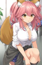  absurdres adjusting_clothes adjusting_legwear animal_ear_fluff animal_ears black_jacket black_socks blue_skirt blurry blurry_background blush breasts brown_eyes clothes_around_waist collarbone commentary fate/extella fate/extra fate_(series) female foreshortening fox_ears fox_tail hair_between_eyes highres indoors jacket jacket_around_waist kneehighs large_breasts leg_up long_hair looking_at_viewer miniskirt no_bra official_alternate_costume open_clothes open_shirt parted_lips partially_unbuttoned pink_hair plaid plaid_skirt shirt short_sleeves skirt socks solo suiroh_(shideoukami) tail tail_raised tamamo_(fate) tamamo_no_mae_(fate/extra) tamamo_no_mae_(jk)_(fate) thighs twintails white_shirt 