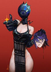  asa_moi bare_shoulders black_hair bomb bomb_devil_(chainsaw_man) breasts chainsaw_man cowboy_shot demon_girl explosive female green_eyes guro hair_between_eyes hair_bun highres holding holding_head looking_at_viewer medium_breasts pelvic_curtain pointing pointing_at_viewer red_background reze_(chainsaw_man) severed_head shirt simple_background single_hair_bun sleeveless smile solo sparkle 