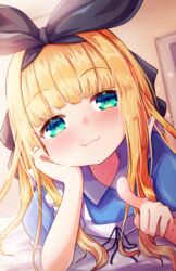  :3 :t apron baram black_ribbon blonde_hair blue_dress blunt_bangs blush cheek_rest closed_mouth collared_dress commentary_request dress female frilled_apron frills green_eyes hair_ribbon highres long_hair looking_at_viewer lying mononobe_alice mononobe_alice_(1st_costume) nijisanji on_stomach puffy_short_sleeves puffy_sleeves ribbon short_sleeves smile solo upper_body virtual_youtuber white_apron 