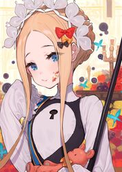  abigail_williams_(fate) abigail_williams_(festival_outfit)_(fate) absurdres bad_id bad_twitter_id black_bow blonde_hair blue_butterfly blue_eyes blush bow braid breasts bug butterfly closed_mouth commentary_request crown_braid dress eating fate/grand_order fate_(series) female food food_on_face forehead hairbow highres holding holding_stuffed_toy keyhole long_hair long_sleeves looking_at_viewer maid_headdress mop multiple_hair_bows official_alternate_costume orange_bow parted_bangs polka_dot polka_dot_bow sash sleeves_past_fingers sleeves_past_wrists small_breasts solo stuffed_animal stuffed_toy teddy_bear white_dress yellow_bow yuu_(higashi_no_penguin) 