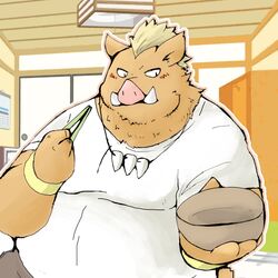  1:1 2021 anthro belly blush brown_body brown_fur clothing fur geld_(that_time_i_got_reincarnated_as_a_slime) hi_res inside kemono male mammal overweight overweight_male shirt snow_utamaru solo suid suina sus_(pig) that_time_i_got_reincarnated_as_a_slime topwear wild_boar 