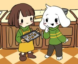  1boy 1other apron asriel_dreemurr baking_sheet blush bob_cut brown_hair brown_pants chara_(undertale) checkerboard_cookie cookie food furry furry_male green_shirt heart ikuta_semi kitchen long_sleeves looking_at_another medium_hair multicolored_shirt oven_mitts pants shirt tail tray turtleneck undertale white_fur yellow_shirt 