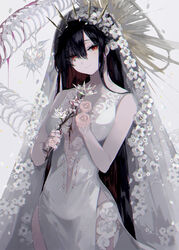  black_hair blood blood_on_hands closed_mouth colored_inner_hair commentary dress female flower flower_trim hair_between_eyes hair_flower hair_ornament hair_over_one_eye holding holding_flower hyatsu long_dress long_hair looking_at_viewer mole mole_under_eye multicolored_hair original red_eyes red_hair rose sidelocks simple_background sleeveless sleeveless_dress smile solo standing symbol-only_commentary upper_body very_long_hair white_background white_dress white_flower white_theme 