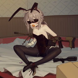  ahoge animal_ears black_leotard black_pantyhose blindfold blush bolt_action bondage bondage bound breasts cad_(caddo) carrot cheytac_m200 choker female gag gagged girls&#039;_frontline gloves grey_hair gun hair_between_eyes high_heels highres improvised_gag leotard looking_at_viewer m200_(girls&#039;_frontline) navel necktie pantyhose playboy_bunny ponytail purple_eyes rabbit_ears restrained rifle sitting small_breasts sniper_rifle solo weapon white_gloves 