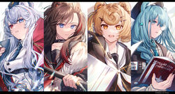  4girls animal_ears arknights asymmetrical_bangs bear_ears bear_girl black_jacket black_sailor_collar blonde_hair blue_eyes blue_hair blue_headwear blue_neckwear book braid candy_hair_ornament cape clothes_writing collar collarbone column_lineup commentary_request coyucom food-themed_hair_ornament fur_hat gummy_(arknights) hair_between_eyes hair_ornament hair_over_shoulder hairclip hat heterochromia highres holding holding_book istina_(arknights) jacket letterboxed long_hair long_sleeves looking_at_viewer multicolored_hair multiple_girls neckerchief necktie open_book open_clothes open_jacket orange_eyes reading red_cape red_eyes red_hair red_neckerchief rosa_(arknights) russian_text sailor_collar school_uniform serafuku short_hair single_braid star_(symbol) star_hair_ornament streaked_hair underbust upper_body ushanka white_hair white_neckerchief white_sailor_collar zima_(arknights) 