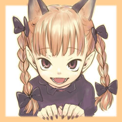  :d animal_ears black_nails blunt_bangs border bow braid cat_ears extra_ears fangs female hairbow happy kaenbyou_rin long_hair looking_at_viewer nail_polish nametake open_mouth outside_border pointy_ears red_eyes red_hair simple_background smile solo touhou twin_braids twintails upper_body upturned_eyes white_background 