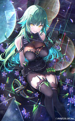  arm_support belt breasts buckle cleavage commentary_request company_name copyright_notice dagger feet_out_of_frame female flower garter_straps gem gloves green_hair highres holding holding_mask kitakoji_hisui kitakoji_hisui_(2nd_costume) knife kunai large_breasts long_hair mask matanonki nijisanji official_art see-through sharp_teeth sitting skirt solo teeth thighhighs vial virtual_youtuber weapon yellow_eyes 