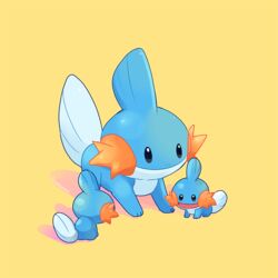  artist_name black_eyes closed_mouth commentary_request mudkip no_humans open_mouth pokemon pokemon_(creature) smile tochiringo toes yellow_background 