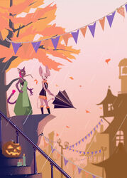  absurd_res anthro bat boots candle clothing detailed_background domestic_cat duo felid feline felis female footwear halloween hi_res holidays jack-o&#039;-lantern kemari ko-mori leaf looking_up mammal raining sleeveless spade_tail stairs tail umbrella yellow_eyes 