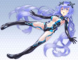  blue_eyes blush bodysuit breasts commentary_request female full_body hair_between_eyes headgear kurione_(zassou) long_hair looking_at_viewer navel neptune_(series) next_purple power_symbol power_symbol-shaped_pupils purple_hair purple_heart_(neptunia) skin_tight smile solo symbol-shaped_pupils very_long_hair 