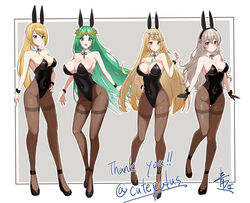  4girls :d absurdres animal_ears aotsuba ass_visible_through_thighs asymmetrical_bangs bare_shoulders black_footwear black_gloves black_hairband black_leotard blonde_hair blue_eyes blush breasts brown_pantyhose chinese_zodiac circlet cleavage commentary commission commissioner_upload corrin_(female)_(fire_emblem) corrin_(fire_emblem) covered_navel dangle_earrings detached_collar diadem earrings english_text fake_animal_ears fire_emblem fire_emblem_fates forehead_jewel full_body gloves green_eyes green_hair grey_hair hair_between_eyes hairband hand_on_own_hip high_heels highleg highleg_leotard highres huge_breasts jewelry kid_icarus kid_icarus_uprising large_breasts leotard lineup long_hair long_pointy_ears looking_at_viewer metroid mole mole_under_mouth multiple_girls mythra_(xenoblade) neck_ribbon palutena pantyhose parted_bangs playboy_bunny pointy_ears ponytail rabbit_ears red_eyes ribbon samus_aran signature skeb_commission smile standing strapless strapless_leotard super_smash_bros. swept_bangs thank_you thigh_gap thighband_pantyhose tiara very_long_hair wide_hips wrist_cuffs xenoblade_chronicles_(series) xenoblade_chronicles_2 year_of_the_rabbit yellow_eyes 