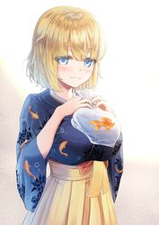  animal_print blonde_hair blue_eyes blush bob_cut breast_suppress breasts breasts_squeezed_together cowboy_shot female fish fish_print goldfish gradient_background hair_between_eyes hakama hakama_skirt hands_up hololive hololive_english japanese_clothes kimono large_breasts looking_at_viewer medium_hair obi object_on_breast sash simple_background skirt smile solo virtual_youtuber watson_amelia watson_amelia_(new_year) wide_sleeves windfeathers 