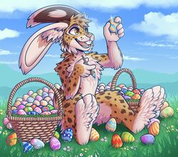  2021 4_toes 5_fingers amber_eyes anthro citrinelle day detailed_background digital_media_(artwork) egg feet fingers fur grass hi_res lagomorph leporid male mammal markings open_mouth outside plant rabbit sky smile solo spots spotted_body spotted_fur teeth toes tongue 