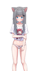  absurdres akami_karubi animal_ears blue_eyes cat_ears cat_girl character_print cropped_shirt female harupuri913 highres indie_virtual_youtuber long_hair looking_at_viewer nachoneko navel no_pants panties shirt short_sleeves sweat underwear virtual_youtuber wavy_mouth white_panties white_shirt 