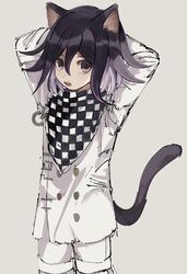  1boy animal_ears arms_behind_head arms_up black_eyes black_hair bojue_(hakus_1128) cat_boy cat_ears cat_tail checkered_clothes checkered_scarf commentary_request cowboy_shot cropped_legs danganronpa_(series) danganronpa_v3:_killing_harmony hair_between_eyes highres kemonomimi_mode long_sleeves looking_at_viewer male_focus medium_hair oerba_yun_fang oma_kokichi open_mouth purple_eyes scarf simple_background solo straitjacket tail 