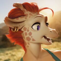  1:1 2021 adobe_photoshop_(artwork) anthro bust_portrait clothing digital_media_(artwork) ear_piercing ear_ring female giraffe giraffid hair happy hi_res icon legend_of_ahya mammal marle_talbender_(darkflamewolf) piercing portrait purple_eyes red_hair ring_piercing shirt smile solo tank_top topwear wayn_animation 