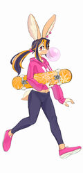  absurd_res acerola_(kemari) anthro blowing_bubble_gum bubble bubble_gum candy clothing dessert ear_piercing female fingerless_(marking) food fur gum hair hi_res hoodie inflating kemari lagomorph leporid looking_at_viewer mammal midriff multicolored_hair navel piercing ponytail rabbit scut_tail short_tail simple_background skateboard solo tail tan_body tan_fur topwear two_tone_hair vehicle walking white_background 