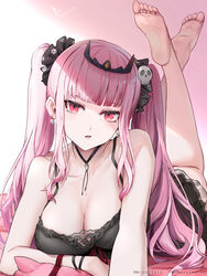  absurdres barefoot black_nightgown black_ribbon breasts cleavage dated dress feet female hair_ornament highres hololive hololive_english jewelry legs_up long_hair looking_at_viewer lying medium_breasts mori_calliope mori_calliope_(sleepwear) necklace nightgown on_stomach parted_lips pink_eyes pink_hair qiaogun_damodao ribbon skull_hair_ornament skull_print soles solo the_pose toes twintails virtual_youtuber 