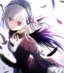  backlighting black_bow black_collar black_dress black_feathers black_flower black_ribbon black_rose black_wings bonnet bow collar collarbone commentary_request detached_collar dress eyebrows_hidden_by_hair feathers female flower gothic_lolita hair_between_eyes highres juliet_sleeves lolita_fashion long_hair long_sleeves looking_at_viewer natsupa parted_lips puffy_sleeves red_eyes ribbon rose rozen_maiden solo suigintou very_long_hair white_hair wings 