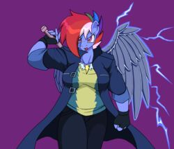  anthro big_breasts blue_wings breasts capcom coat_cape crossover cybernetics devil_may_cry devil_may_cry_5 droll3 equid equine female friendship_is_magic hasbro holding_object holding_weapon horse looking_at_viewer machine mammal my_little_pony nero_(devil_may_cry) pony rainbow_dash_(mlp) solo sparkles weapon wings 