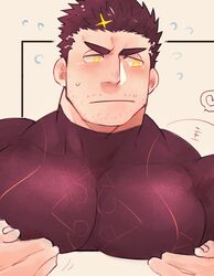  1boy bara black_hair blush bouncing_pecs cropped_torso facial_hair fire flaming_halo flying_sweatdrops halo heart large_pectorals looking_away male_focus mature_male motion_lines muscular muscular_male pectoral_focus pectoral_lift pectorals po_fu short_hair shy sideburns solo spiked_hair stubble sweatdrop tokyo_afterschool_summoners translation_request upper_body yellow_eyes zabaniyya_(housamo) 