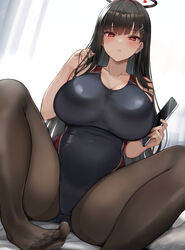  black_hair black_pantyhose blue_archive blunt_bangs blush breasts cleavage collarbone competition_swimsuit covered_navel female hair_ornament hairclip halo highres holding holding_phone huge_breasts kihou_no_gotoku_dmc long_hair looking_at_viewer one-piece_swimsuit pantyhose pantyhose_under_swimsuit parted_lips phone red_eyes rio_(blue_archive) solo sweat swimsuit very_long_hair 