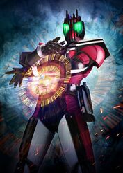  1boy armor barcode black_background blue_background compound_eyes cowboy_shot decadriver driver_(kamen_rider) finishing_move glowing glowing_eyes green_eyes highres kamen_rider kamen_rider_dcd kamen_rider_decade male_focus masukudo_(hamamoto_hikaru) pink_armor pose ride_booker rider_belt tokusatsu 