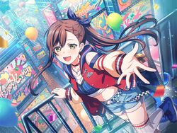  :d balloon bang_dream! belt billboard boots bow brown_hair building choker city clothing_cutout confetti crop_top dutch_angle earrings electric_guitar female guitar hair_ornament hairbow hairclip hanazono_tae hand_on_railing high_ponytail hoop_earrings instrument jacket jewelry leg_lift letterman_jacket long_hair midriff necklace offering_hand official_art outstretched_hand railing reaching reaching_towards_viewer shorts shoulder_cutout smile solo star_(symbol) star_earrings star_necklace thighhighs third-party_source x_hair_ornament yellow_eyes 