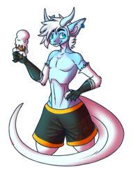  alpha_channel anthro blue_body blue_eyes blue_horn clothing dessert dragon ear_piercing food frost_drake fur gloves hair handwear hi_res horn ice_cream ice_cream_cone male mythological_creature mythological_scalie mythology nako_frostburn piercing scalie sinful_delight solo swimming_trunks swimwear tail white_body white_fur white_hair white_tail 