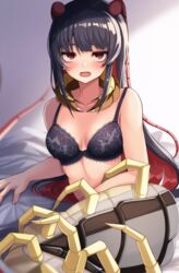  antennae arm_support arthropod_girl arthropod_limbs bags_under_eyes black_bra black_hair blurry blurry_foreground blush bra breasts centipede_girl cleavage collarbone commentary_request emukae_kaede_(plan) expressionless eyebrows_hidden_by_hair fangs female highres lace lace-trimmed_bra lace_trim long_hair looking_at_viewer mandibles medium_breasts midriff monster_girl multicolored_hair multiple_legs open_mouth original plan_(planhaplalan) red_eyes red_hair sidelocks sitting solo two-tone_hair underwear yokozuwari 