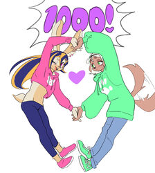  acerola_(kemari) anthro buckteeth canid canine canis clothing domestic_dog duo female fur hair hand_holding heart_symbol hi_res hoodie kemari lagomorph leporid lime_(kemari) long_hair looking_at_another looking_at_viewer mammal midriff multicolored_body multicolored_fur multicolored_hair navel number one_eye_closed open_mouth open_smile rabbit scut_tail short_tail smile tail tail_motion tailwag teeth topwear two_tone_body two_tone_fur two_tone_hair wink 