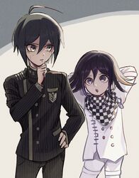  2boys :o ahoge arms_behind_back black_hair black_pants bojue_(hakus_1128) buttons checkered_clothes checkered_scarf cowboy_shot danganronpa_(series) danganronpa_v3:_killing_harmony double-breasted gakuran grey_background hair_between_eyes hand_on_own_chin hand_on_own_hip height_difference highres jacket long_sleeves looking_at_another male_focus multiple_boys oma_kokichi open_mouth pants purple_eyes purple_hair saihara_shuichi scarf school_uniform shirt short_hair straitjacket striped_clothes striped_jacket striped_pants sweatdrop teeth thinking upper_teeth_only white_background white_jacket white_pants 