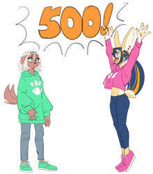  absurd_res acerola_(kemari) anthro brown_body brown_fur canid canine canis clothing domestic_dog duo ear_piercing fangs female fur green_eyes hair hi_res hoodie kemari lagomorph leporid lime_(kemari) mammal midriff multicolored_hair number open_mouth open_smile piercing ponytail rabbit raised_arms simple_background smile teeth topwear two_tone_hair white_background 