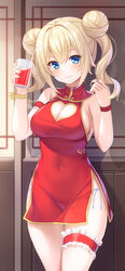  barbara_(genshin_impact) blonde_hair blush breasts bridal_garter china_dress chinese_clothes cleavage cleavage_cutout clothing_cutout covered_navel cowboy_shot cup double_bun dress drinking_glass drinking_straw female genshin_impact hair_bun heart highres kageira looking_at_viewer panties panty_peek red_dress side-tie_panties sideboob sleeveless sleeveless_dress smile solo thigh_strap twintails twirling_hair underwear wristband 