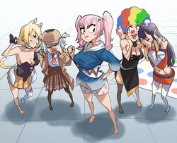  afro animal_ears barefoot blonde_hair blue_eyes blue_hair blunt_bangs blush boxers breasts cat_ears cleavage cosplay costume_switch detective facepalm feet gawr_gura gawr_gura_(1st_costume) gradient_hair hair_ornament hat highres holding hololive hololive_english laughing_girls_(meme) long_hair male_underwear meme mori_calliope multicolored_hair multiple_girls necktie ninomae_ina&#039;nis open_mouth orange_hair pink_hair pointy_ears purple_hair shirt short_hair single_thighhigh skirt smile takanashi_kiara thighhighs twintails twister underwear very_long_hair virtual_youtuber watson_amelia watson_amelia_(1st_costume) white_shirt zedd_(zedgawr) 