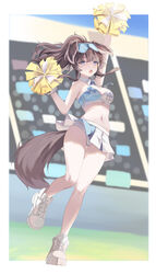  absurdres animal_ears bare_shoulders blue_archive blurry blurry_background blurry_foreground breasts brown_hair cake_walker cheerleader crop_top depth_of_field dog_ears dog_girl dog_tail eyewear_on_head female full_body halo hibiki_(blue_archive) hibiki_(cheer_squad)_(blue_archive) highres holding holding_pom_poms long_hair looking_at_viewer medium_breasts millennium_cheerleader_outfit_(blue_archive) navel official_alternate_costume open_mouth panties pom_pom_(cheerleading) ponytail shoes skirt sleeveless sneakers solo sticker_on_face stomach sunglasses tail underwear white_footwear white_skirt 