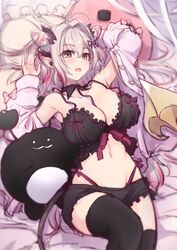  armpits black_bra black_skirt black_thighhighs blush bow bra breasts brown_eyes cleavage commentary_request cone_hair_bun demon_girl demon_horns demon_tail earbuds earbuds_charging_case earphones feet_out_of_frame female frilled_bra frilled_skirt frills grey_hair hair_between_eyes hair_bun highres horns indie_virtual_youtuber jyaco large_breasts long_hair looking_at_viewer lying medium_bangs miniskirt multicolored_hair navel on_back open_clothes open_mouth open_shirt pillow pink_bow pink_hair pink_shirt pointy_ears shirt skirt sleeve_bow solo streaked_hair suou_patra tail thighhighs two-tone_hair underwear virtual_youtuber 