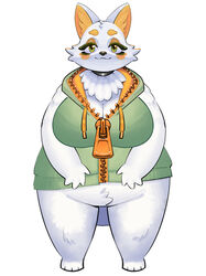  absurd_res anthro big_breasts bottomless breasts canid canine cleavage clothed clothing curvy_figure female fox fur green_clothing green_eyes green_topwear hi_res kemari looking_at_viewer mammal simple_background solo topwear voluptuous white_background white_body white_fur zipper 